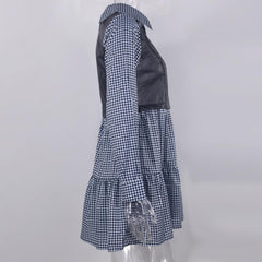 Long Sleeve Mini Shirt Dress For Women White 2022 Spring PU Leather Patchwork Plaid Dresses