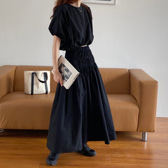 Vintage Sets Women Outfits Puff Sleeve Crop Top and Elastic Waist Pleat Long A-line Skirt