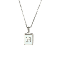 18K Golden Chain Necklaces Male Square Natural Shell Initial Letters Pendant Stainless Steel Jewelry