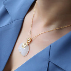 Vintage White Hetian Jade Elephant Pendant 18K Gold Plated Chain Necklace