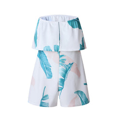 Floral Print Ruffles Strapless Rompers Summer Pleated Chest Wrapped Playsuits Womens Jumpsuit