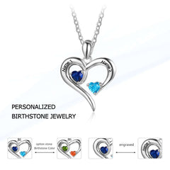 925 Sterling Silver Heart Necklace with 2 Birthstones Custom Engrave Name Pendant