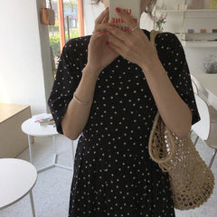 Polka Dot Slim Waist Bandage Long Dress Female Vintage Vestidos with Belt Sundress