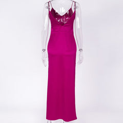 Satin V Neck Maxi Dress Women Spaghetti Strap Sleeveless Backless Side Split Long Dresses Lady Vestido