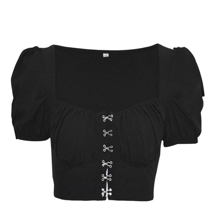 Women clothes Ladies Button Square Neck Tops Short Sleeve square collar pullover T-shirts