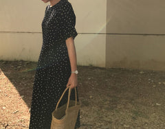 Polka Dot Slim Waist Bandage Long Dress Female Vintage Vestidos with Belt Sundress