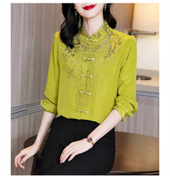 Embroidery Hollow Blouse Women Long Sleeve Imitation Silk Top Loose Vintage Shirt Plus Size