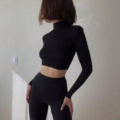 Solid Turtleneck Cropped T Shirt Women Autumn Casual Long Sleeve Ladies Skinny Basic