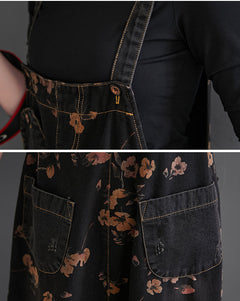 Loose Jeans Black Jumpsuit Casual Ladies Big Pockets Print Floral Denim Overalls Straps Rompers