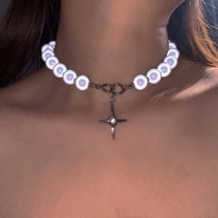Luminous Beads Pearl Stitching Necklace Choker Cross Pendant Clavicle Sweet Party Jewelry