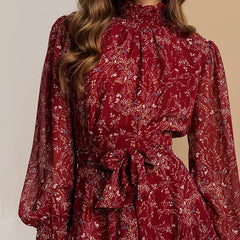 Spring Vintage Perspective Floral Print Dress Women Long Sleeve Chiffon A Line Mini Dress Vestidos