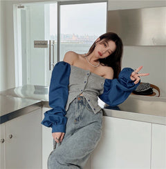 Patchwork Denim Shirts Women French Square Collar Puff Blouses Long Sleeve Crop Tops