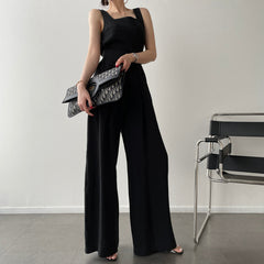 Office Ladies 2-Piece Women Square Neck Loose Vest Top + High Waist Pleated Wide Leg Pants