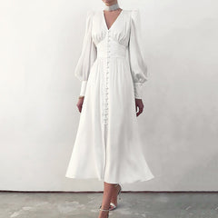 Single Breasted Dress High Waist Satin Long Dress V Neck Women Midi Dresses Lantern Sleeve