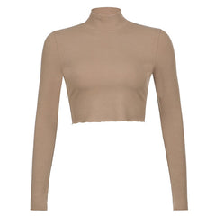 Solid Turtleneck Cropped T Shirt Women Autumn Casual Long Sleeve Ladies Skinny Basic