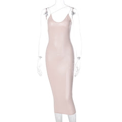 Pu Faux Leather Women Slit Midi Dress Strap V Neck Backless Bodycon Sexy Streetwear