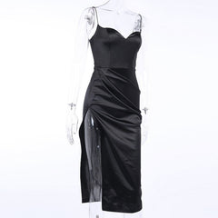 Satin Spaghetti Straps Low Cut Long Dress Women Summer Ruched Side High Split Maxi Dress