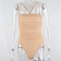 Sleeveless Chic Fashion Mesh Ruched Halter Bodysuit Women Female Tie Up Backless Body Suit