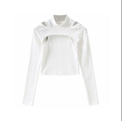 Hollow Knitted Crop Tops Women New Fitness Fake Two-piece T-shirt Female Long Sleeve Tops