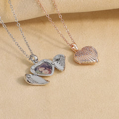 Personalize Heart Locket Necklace Plated Rose Gold Silver Color Angel Wing Shape Custom Photo Pendant