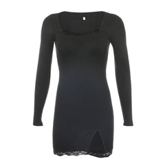 Square Neck Lace Patchwork Bodycon Black Dress Women Cotton Side Split Autumn Dress