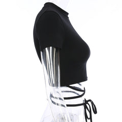 Summer Women Black Short T-Shirts Sexy Crop Tops Short Sleeve Bandage Tee Tops Female Shirts