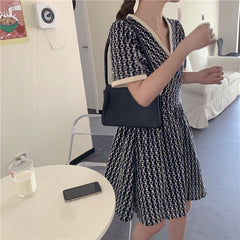 Women Summer V Neck Jacquard Floral Long Dress High Waist Short Sleeve Exquisite Midi Dresses