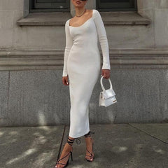 2022 Knitted Green Midi Sexy Bodycon Women Dress Spring Long Sleeve Off Shoulder Split Sweater Dresses