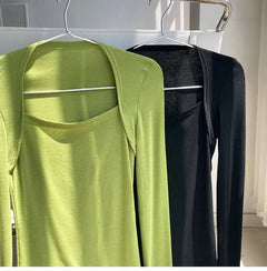 Long Sleeve Tops Women Candy Color Fake Two Piece Skinny T-shirts Female