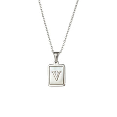 18K Golden Chain Necklaces Male Square Natural Shell Initial Letters Pendant Stainless Steel Jewelry
