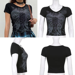 Grunge Tshirts Fairycore Harajuku Graphic Print Gray Cute Casual Tshirts Streetwear Tops