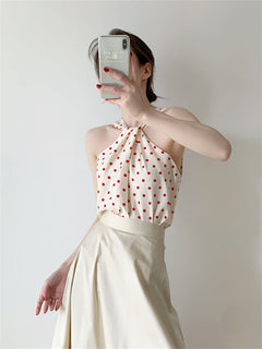 Backless Camis Women Summer Polka Dot Twist Halterneck Vest Female Casual Chiffon Tops