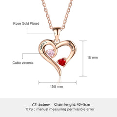 925 Sterling Silver Heart Necklace with 2 Birthstones Custom Engrave Name Pendant