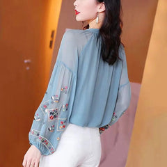 Chiffon Embroidery Blouse Long Lantern Sleeve Loose Top Casual Wear Oversize Casual Wear