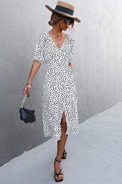 Woman Short Sleeve V Neck Chiffon Wrap Dresses Polka Dot Streetwear Elegant Midi Dress