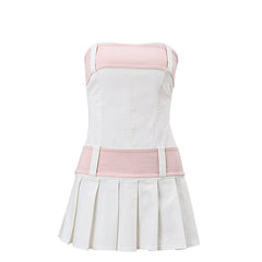 one-neck sweet strapless backless zipper contrasting color pleated dress