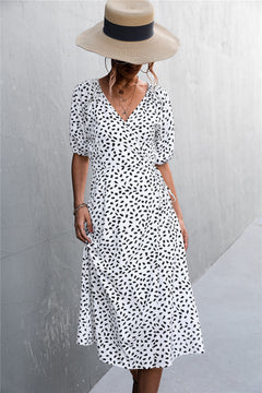 Woman Short Sleeve V Neck Chiffon Wrap Dresses Polka Dot Streetwear Elegant Midi Dress