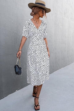 Woman Short Sleeve V Neck Chiffon Wrap Dresses Polka Dot Streetwear Elegant Midi Dress