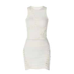 Solid Color Hollow Round Neck Sleeveless Top Slim Skirt Set