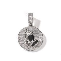 Hip-hop round disc zircon-encrusted praying hands pendant