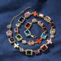 Exquisite diamond-encrusted colored gemstone bracelet and necklace