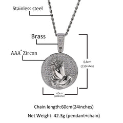 Hip-hop round disc zircon-encrusted praying hands pendant