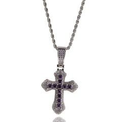 Hip-hop copper-inlaid purple zircon cross necklace