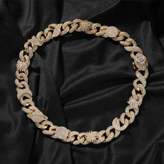 Hip-hop zircon-encrusted sun, star and eye necklace