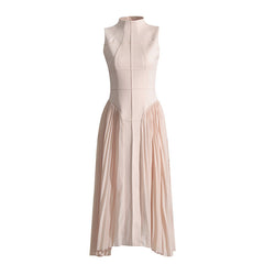 Pleated round neck sleeveless A dress with waist slimming long skirt
