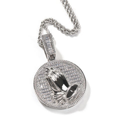 Hip-hop round disc zircon-encrusted praying hands pendant