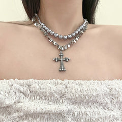 rosary necklace Gray pearl cross necklace
