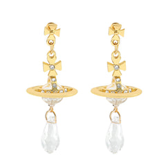 Saturn necklace, teardrop colored diamond earrings, Saturn earrings