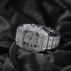 Hip-hop diamond-encrusted hollowed-out square watch