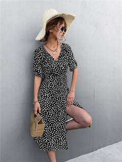 Woman Short Sleeve V Neck Chiffon Wrap Dresses Polka Dot Streetwear Elegant Midi Dress